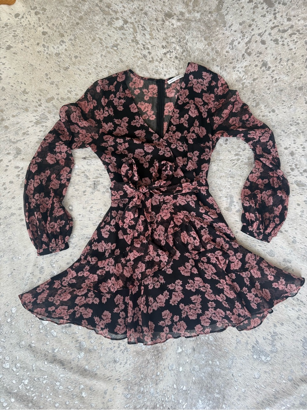 Black Floral Mini Dress with Pink Floral Print